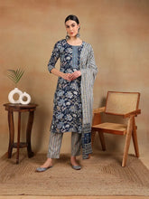 Women Blue Rayon Blend Printed Straight Kurta Pant Set-VKSKD2169